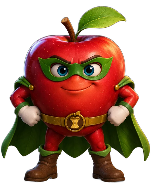 Apple Avenger — a red apple superhero with a green leaf mask and cape