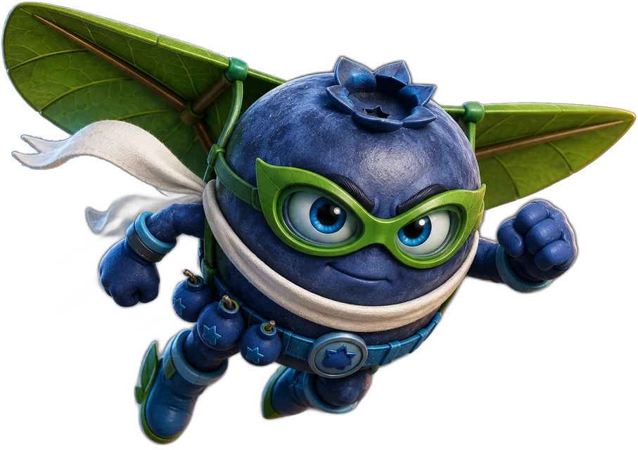 BlueBerry Bombardier — a flying blueberry hero with leaf wings and goggles