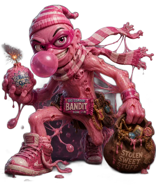 Bubble Bandit — a pink bubblegum villain with a mask, scarf, and sack of stolen sweets