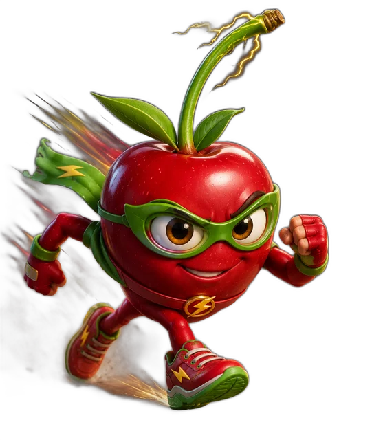 Cherry Charger — a sprinting cherry hero with a lightning-charged stem