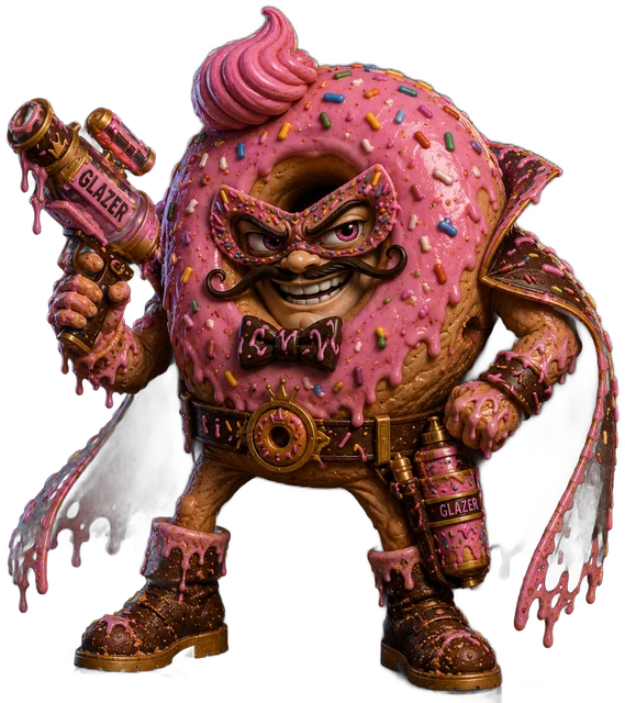 Dastardly Donut — a pink-frosted donut villain with a glazer blaster