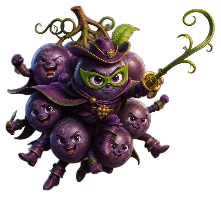 Gallant Grape — a swashbuckling grape hero leading his whole grape crew