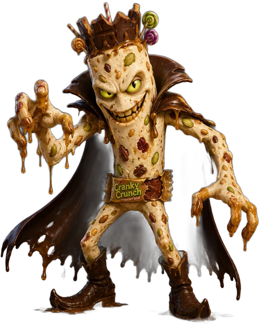 Noxious Nougat — a lanky, dripping nougat villain in a chocolate cape