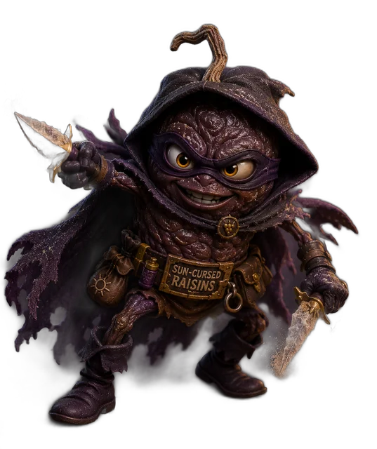 Raisin Rapscallion — a hooded, wrinkled raisin rogue with crystal daggers