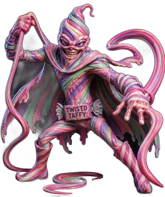 Taffy Titan — a twisting pastel taffy villain with stretching tendril arms